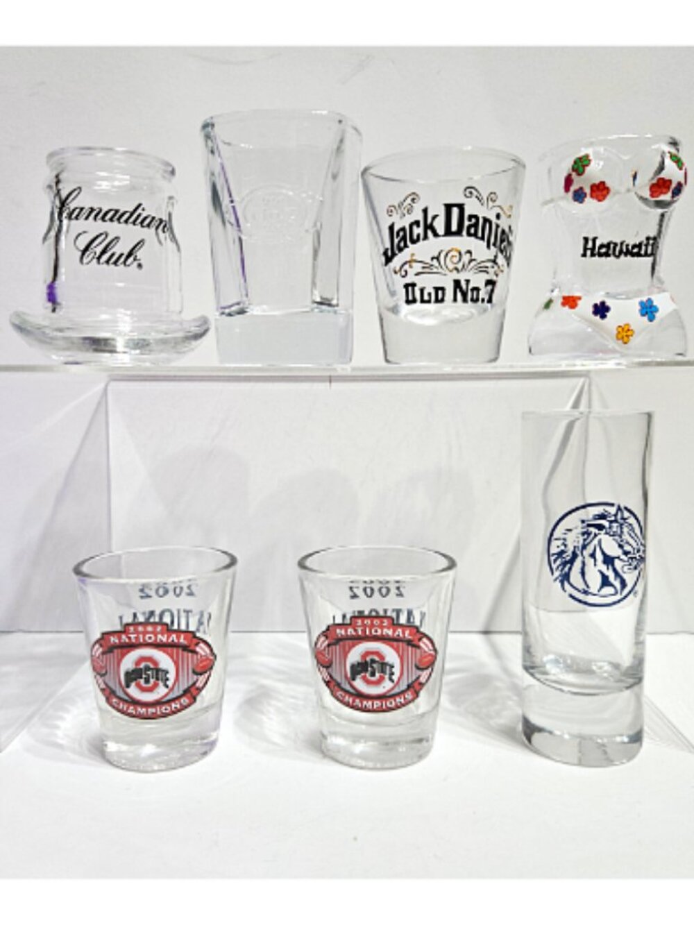 7 Shot Glasses Jack Daniels, Canadian Club, Hawaii, Ohio State